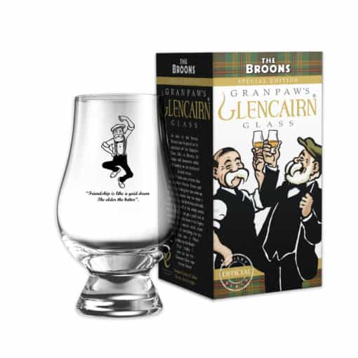 Glencairn Glass engraved with the broons comic book design.