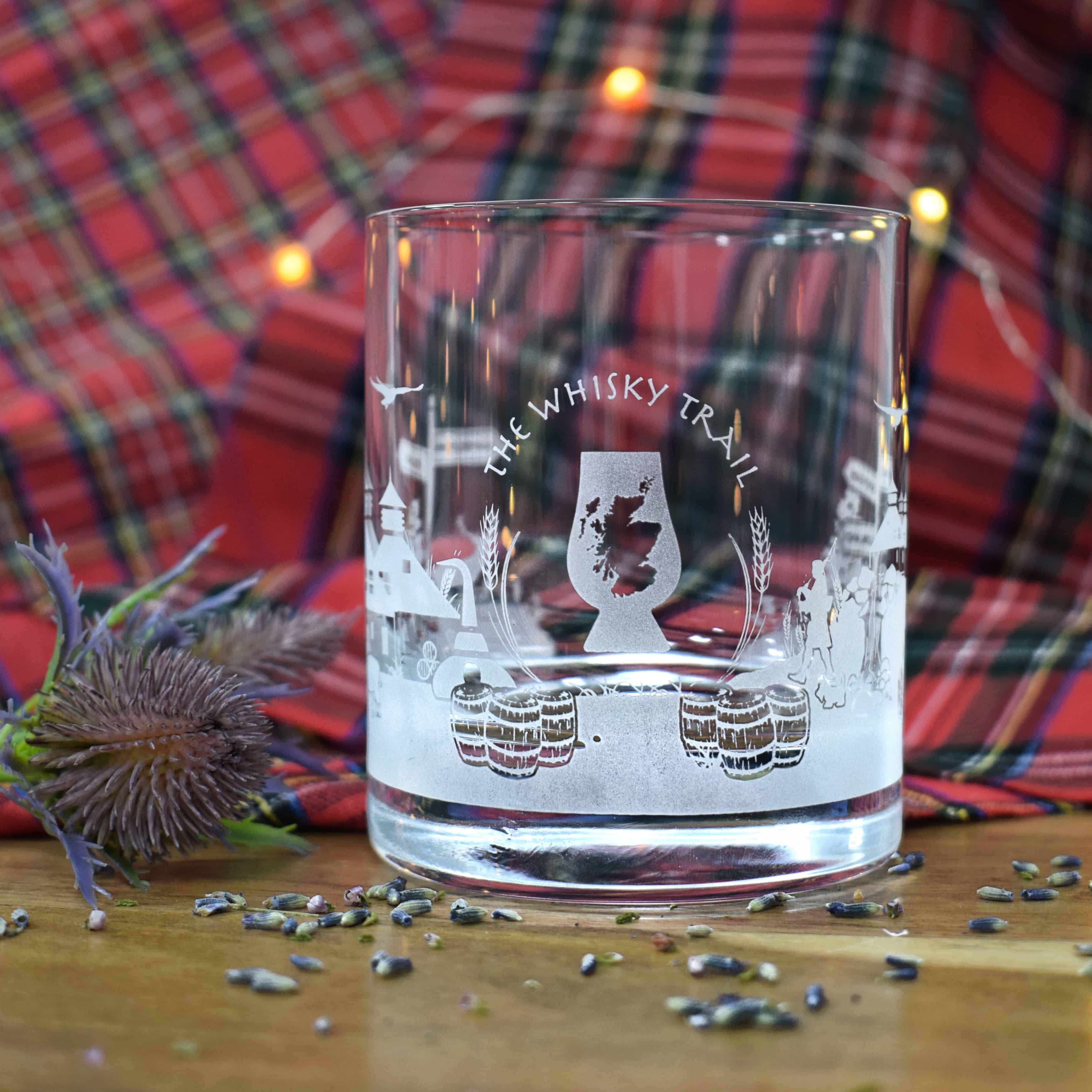 Glencairn Crystal Have you been looking for special gifts for whisky lovers? You can now look no further with this wrap-around skyline design of the Whisky Trail on a crystal tumbler. It can be used for any beverage from water to whisky and is supplied in a navy windowed carton, perfect for gifting.