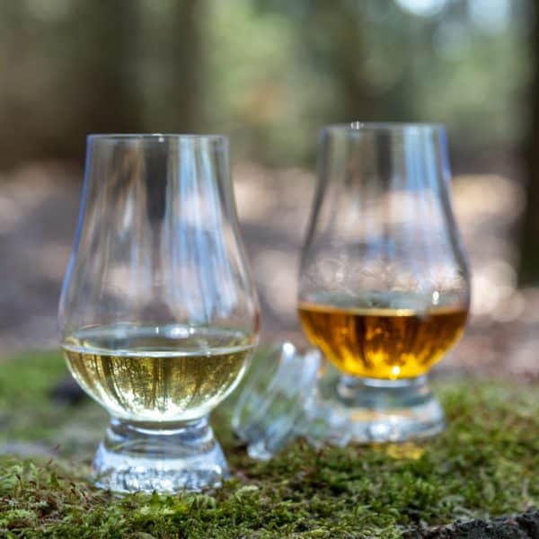 Two Glencairn Glasses with whisky topper in a forest. The perfect camping gift.