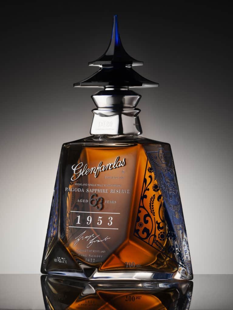 The Glenfarclas Sapphire pagoda decanter. The number 63 on the decanter is made up of 36 precious Sapphires. 