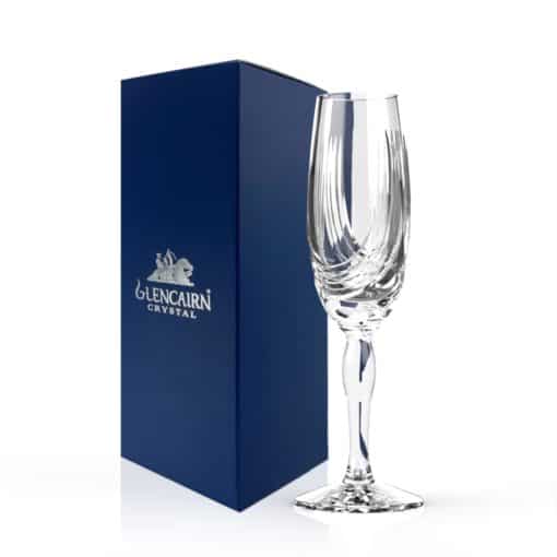 Glencairn Crystal Are you looking for a handcut crystal champagne glass? Inspired by Glasgow City's urban regeneration, the Glasgow collection features an exceptionally modern cut on traditional glassware. The two glasses are supplied in a luxurious navy gift box lined with navy satin, or why not upgrade to a <a href="https://glencairn.co.uk/product/glasgow-champagne-gift-set-of-6/">gift set of six goblets</a> for extra special occasions.