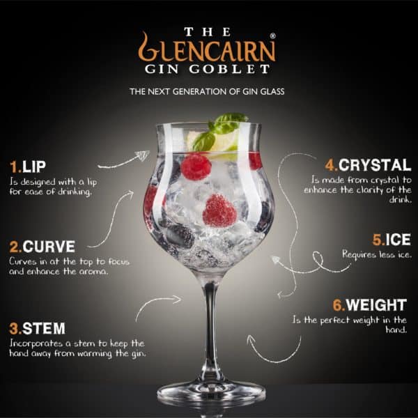 Glencairn Crystal The Glencairn Gin Goblet is designed to enrich your drinking experience with its lip and curve feature for aroma enhancement and, most importantly, drinking ease - no more drinks and ice spilling down your chin! The goblet is also available with a great selection of amusing and relatable gin designs for a personalised touch. Supplied in an infographic gift carton, our Glencairn crystal gin glasses are a gin lover's must-have. <strong> </strong>