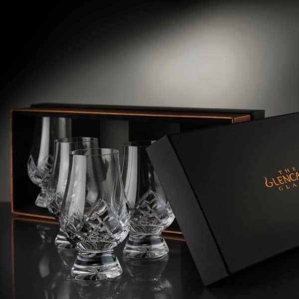 Set of 4 Cut Crystal Glencairn Glasses in black and gold presentation box