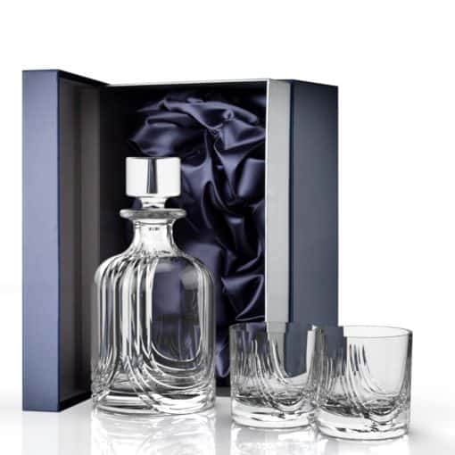 Glencairn Crystal The <a href="https://glencairn.co.uk/product-category/collections/skye">Skye</a> collection is our ultimate interpretation of traditional cut crystal which features <strong>one blank panel</strong> for personalisation. The square crystal whisky decanter displays your whisky beautifully accompanied by two <a href="https://glencairn.co.uk/product/skye-whisky-tumbler">Skye Whisky Tumblers</a> and is supplied in a luxurious navy gift box lined with navy satin, perfect for gifting to a whisky drinker. <strong>Please note: All glassware including decanter in this set will be engraved.</strong>