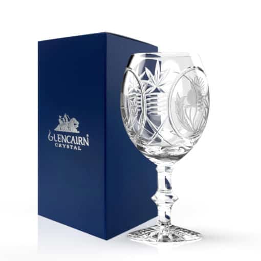 Glencairn Crystal If you are in need of a beautifully handcut wine glass then look no further than the Glasgow Wine Goblet. Inspired by Glasgow City's urban regeneration, the Glasgow collection features an exceptionally modern cut on traditional glassware. Supplied in a navy Glencairn Crystal gift carton, this glass is a lovely gift - or why not upgrade to a <a href="https://glencairn.co.uk/product/glasgow-wine-gift-set-of-2">luxurious gift set of two glasses</a>?