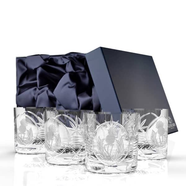 Glencairn Crystal The <a href="https://glencairn.co.uk/product-category/collections/bothwell">Bothwell</a> collection features an incredibly traditional yet elegant handcut pattern on high quality mouthblown crystal and was the first glassware range to emerge during the early days of Glencairn Crystal. The <a href="https://glencairn.co.uk/product/bothwell-thistle-whisky-tumbler">Bothwell Thistle Whisky Tumbler</a> features a thistle cut design on two panels of the glass with one blank panel for optional crystal engraving. The six glasses are supplied in a luxurious navy gift box, perfect for gifting to loved ones.