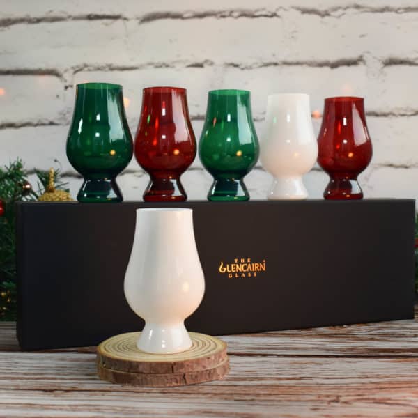 Glencairn Crystal The Christmas Glencairn Set has been specially designed for blind whisky tastings with a festive flare. This set of colourful Glencairn Glasses hides the colour of the spirit allowing for a heightened sensory experience. It features the world’s favourite whisky glass in 3 colours; <a href="https://glencairn.co.uk/product/green-glencairn-glass/">Green, </a> <a href="https://glencairn.co.uk/product/red-glencairn-glass/">Red</a> and our recently launched Christmas exclusive <a href="https://glencairn.co.uk/product/white-glencairn-glass/">White</a> Glencairn Glass. Supplied in a luxury black gift box lined with black satin, this whisky-tasting set is perfect for gifting to a whisky lover. <strong>Please note</strong>: these glasses are not available for engraving.